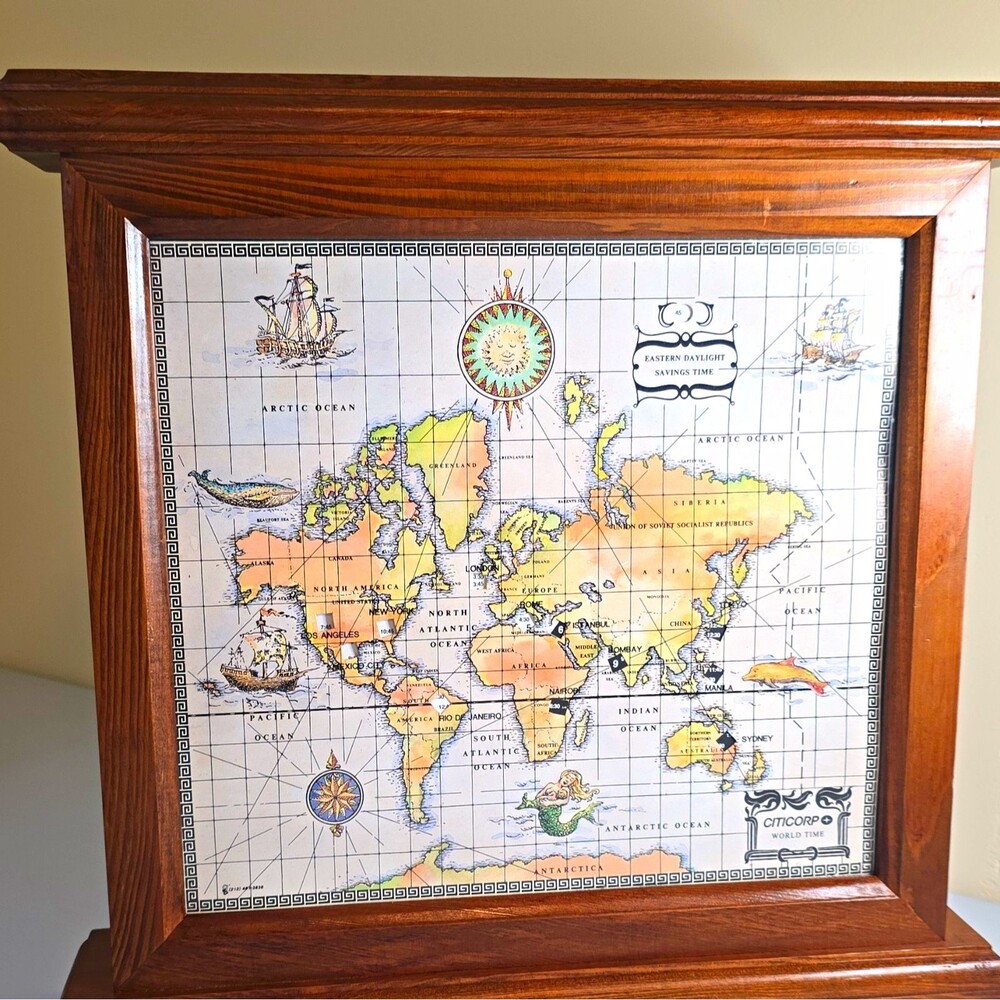 Citicorp World Map Wall Clock Wood Frame Analog Battery Powered 29 in